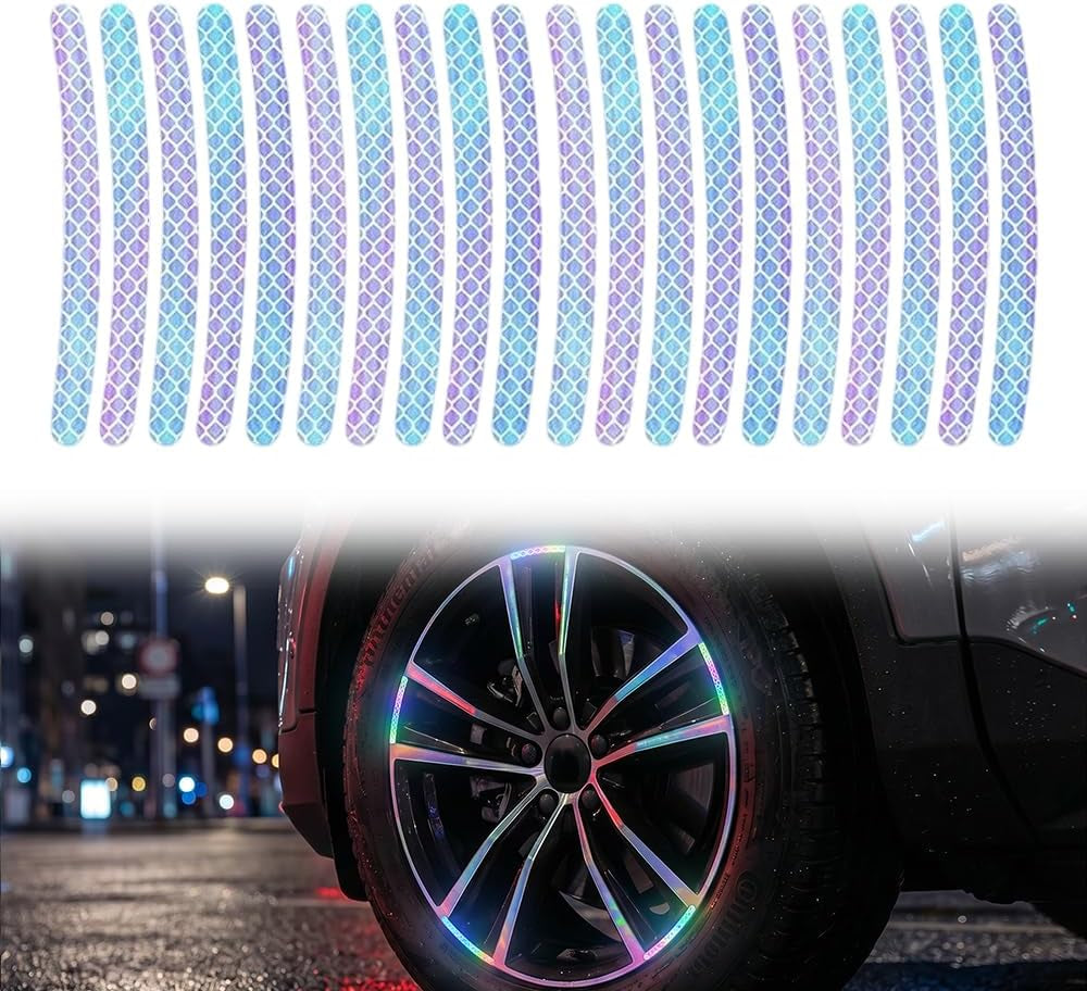 Reflective Car Wheel Rim Stickers, 20 Pcs Night Safety Warning Tape for Cars Motorcycles Bicycles, Waterproof Anti-Scratch PVC Rim Decals, High Visibility for Wheel Side (Prism Rainbow)