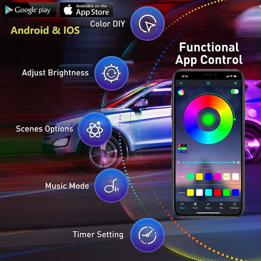 Underglow Kit for Car, Led Underglow Lights with App and Remote Control, 16 Million RGB Colors, 29 Preset Modes, Music & DIY Mode, under Car Led Lights Exterior for Suvs, Trucks, DC 12V