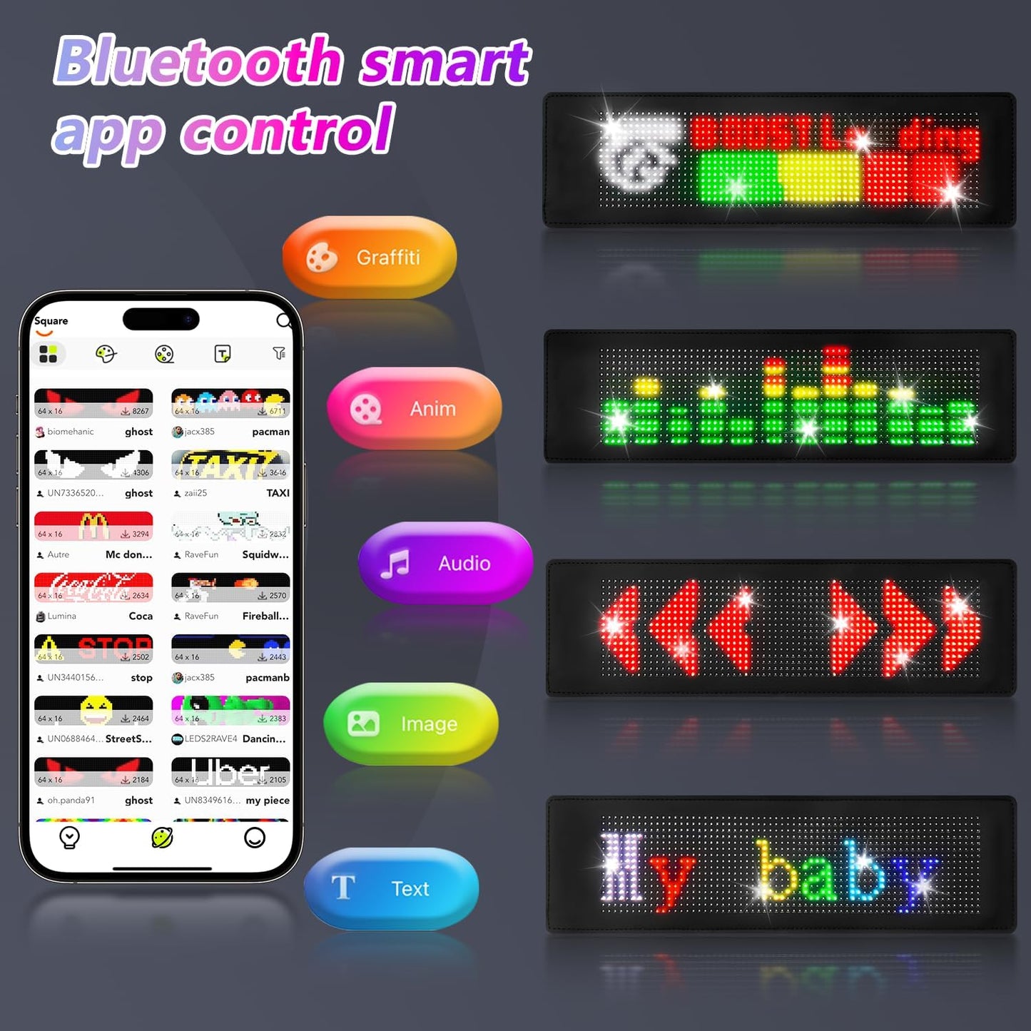 LED Sign, 15''X4'' Programmable LED Sign with Bluetooth APP Control - Huge Bright Scrolling Text/Animations for Car, Store, Christmas Advertising (Pre-Made & Custom Modes)
