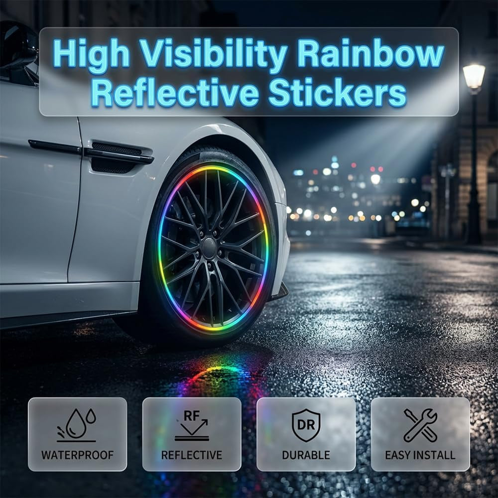 Reflective Car Wheel Rim Stickers, 20 Pcs Night Safety Warning Tape for Cars Motorcycles Bicycles, Waterproof Anti-Scratch PVC Rim Decals, High Visibility for Wheel Side (Prism Rainbow)